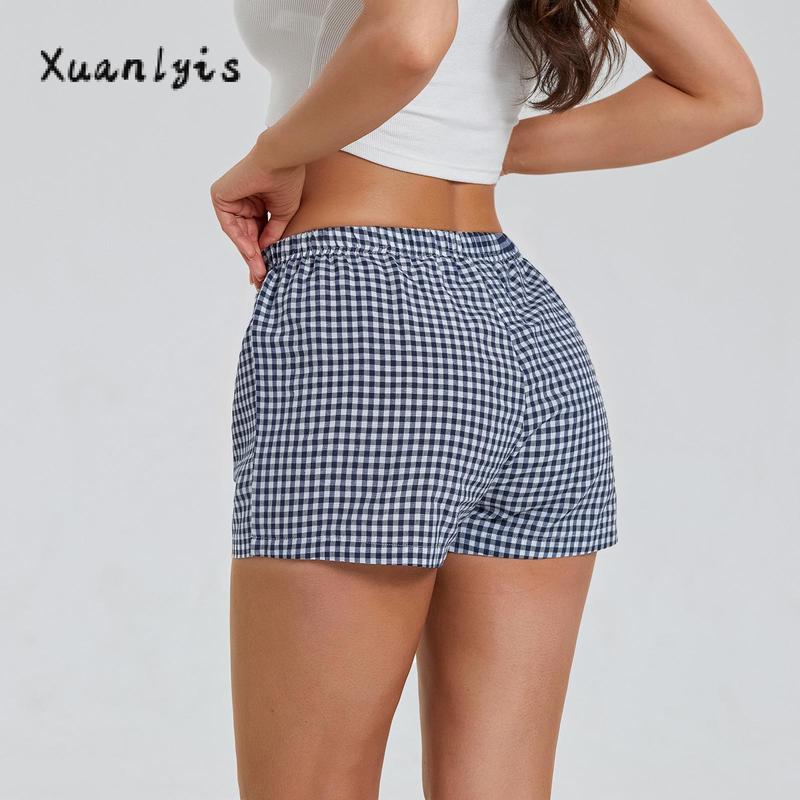 Women’s Plaid Print Shorts Elastic Low Waist Button Front Lounge Shorts Boxers Streetwear Fabric Womenswear Bottom Soft