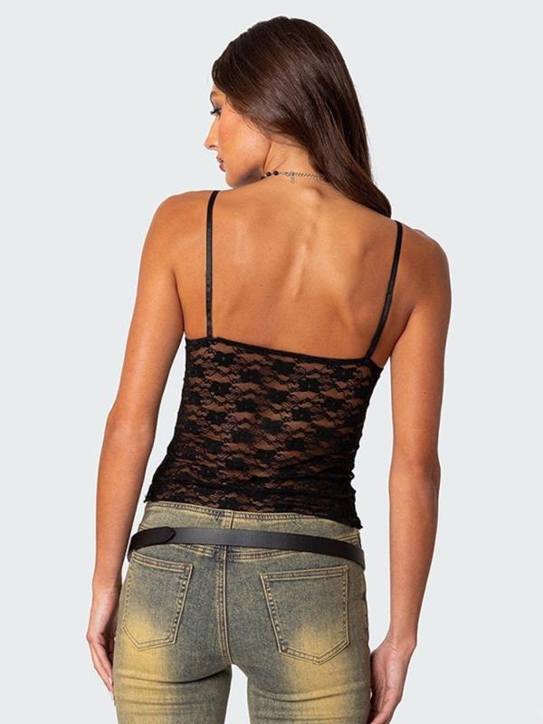 Women's Plain Floral Lace Bow Decor Sheer Crop Cami Top, Elegant V Neck Backless Top for Summer, Ladies 90s Clothes for Dating Daily Wear, Leisure Wear Top