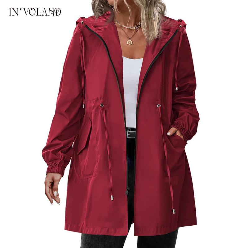 Holiday haul IN'VOLAND Women's Rain Jacket Plus Size Long Raincoat Lightweight Hooded Windbreaker Waterproof Jackets with Pockets Casual Long Sleeve