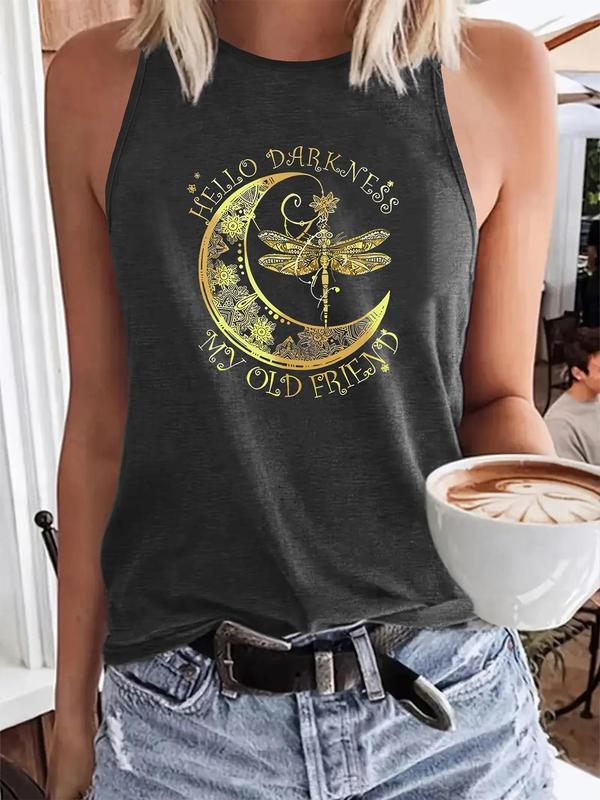 Women's Moon & Dragonfly Graphic Print Round Neck Tank Top, Fashion Casual Sleeveless Top for Daily Outdoor Wear, Ladies Clothes for Summer