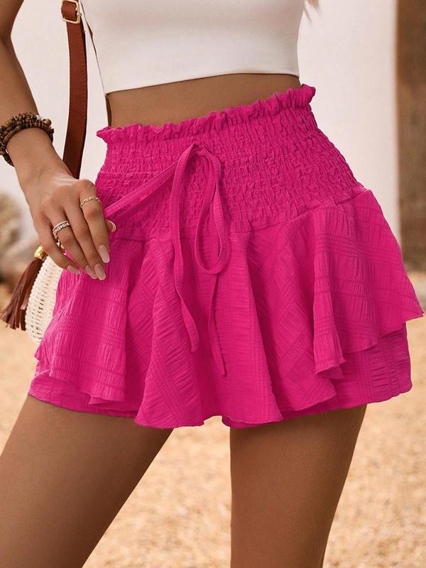 Women's Plain Shirred Frill Trim Wide Leg Shorts, Casual Tie Front High Waist Ruffle Hem Shorts, Womens Shorts, Shorts for Women, Summer Bottoms