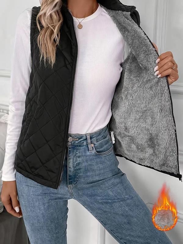 Women's Solid Zip Up Thermal Lined Vest Jacket, Casual Pocket Stand Collar Sleeveless Outerwear for Fall & Winter, Women's Clothes for Daily Wear