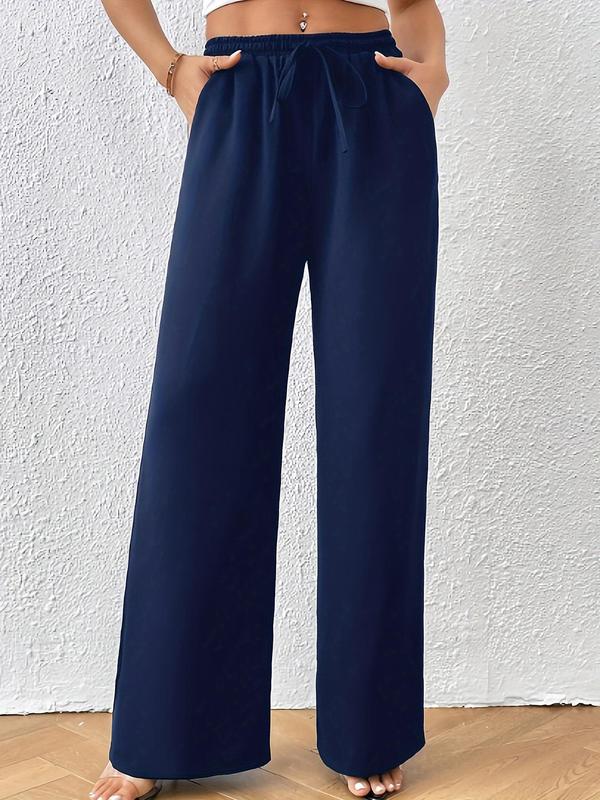 Women's Plain Pocket Drawstring Waist Wide Leg Pants, Elegant Comfy High Waist Straight Leg Trousers For Daily Wear, Ladies Bottoms For All Seasons