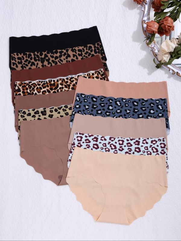 Women's Leopard Print & Solid High Waist Panty, Soft Comfy Breathable Seamless Knicker for Daily Wear, Underwear for All Seasons