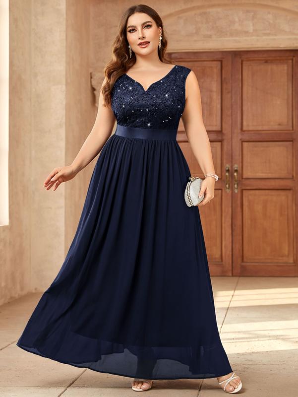 MISSMAY Women's Plus Size Lady Sequin V-Neck Elegant Comfort Lace Contrast Sleeveless Solid Formal Evening Maxi Dress YP23098