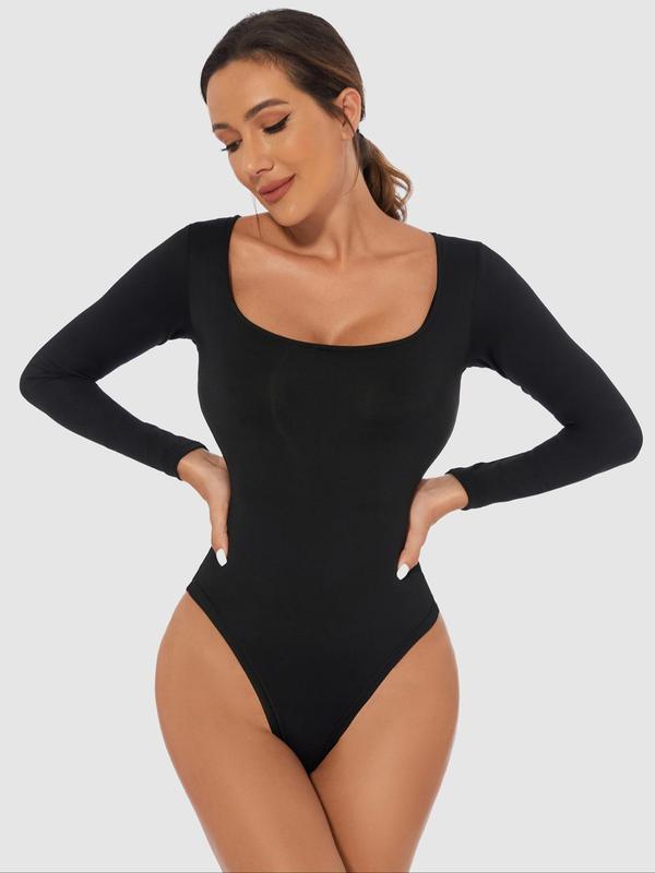 Women's Solid Square Neck Shapewear Bodysuit, Casual Comfy High Stretch Seamless Shaper, Fall Body Shapewear, Ladies Shapewear Clothes for Daily Wear, Fall Wear Black Girl