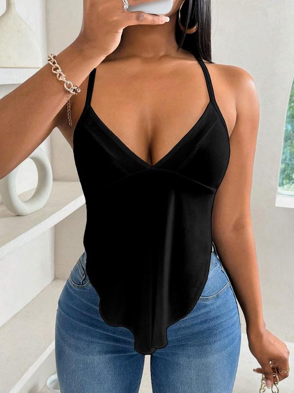 Women's Solid Backless Lace Up Halter Top, Casual Asymmetrical Hem Sleeveless Top for Summer, Fashion Women's Clothing for Daily Wear