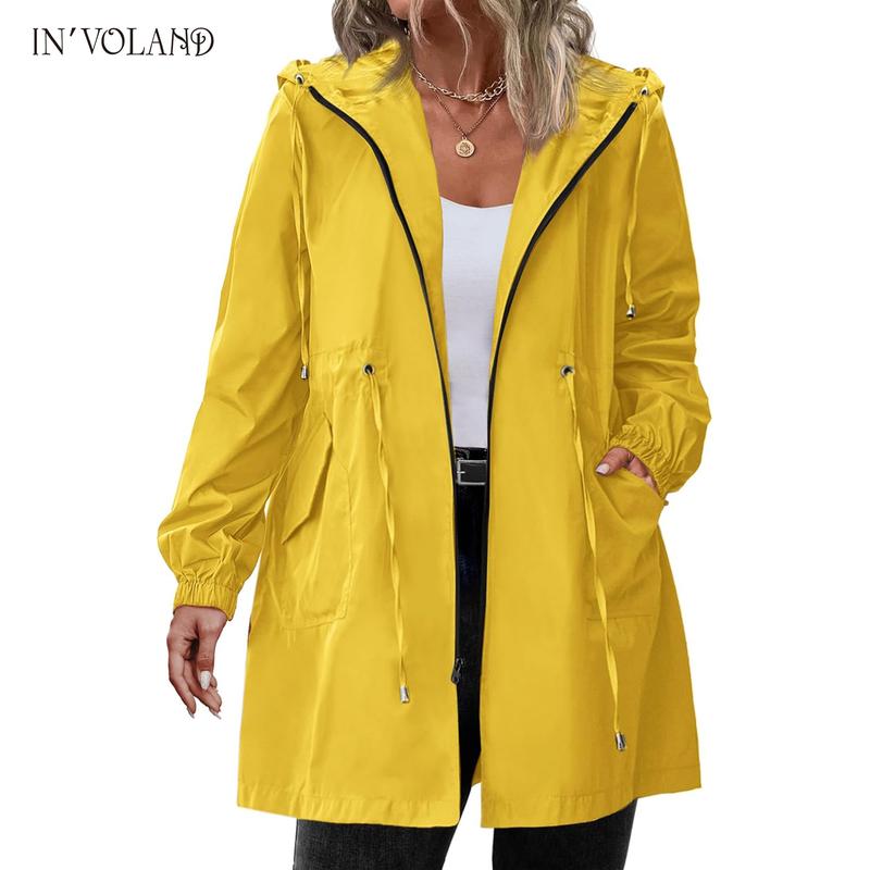 Holiday haul IN'VOLAND Women's Rain Jacket Plus Size Long Raincoat Lightweight Hooded Windbreaker Waterproof Jackets with Pockets Casual Long Sleeve