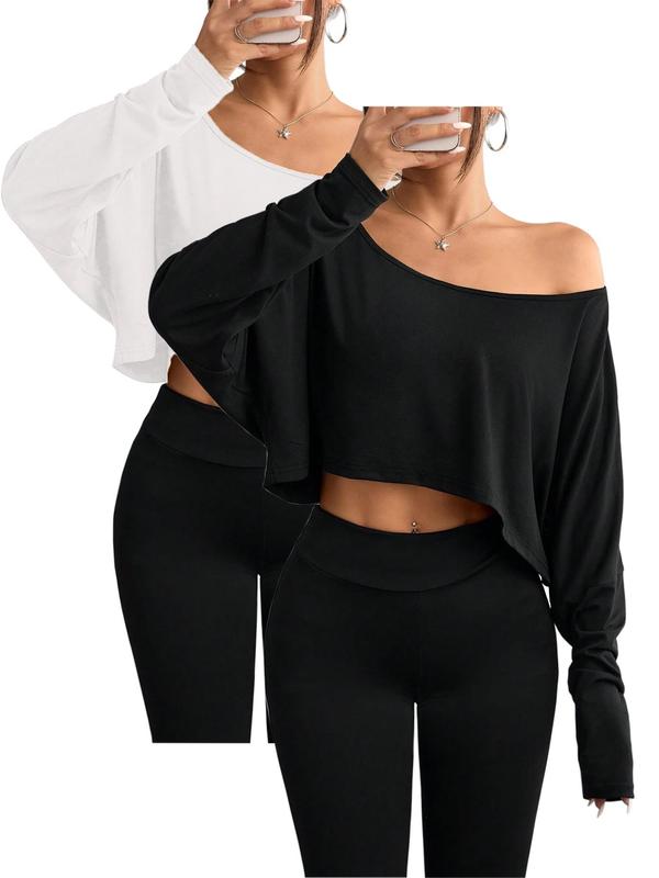 Women's Solid Asymmetrical Neck Tee Two-piece Set, Casual Long Sleeve T-shirt for Spring & Fall, Ladies Clothes for Daily Wear