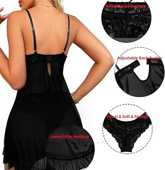 Women Lingerie Lace Babydoll Mesh Nightgown Chemise Boudoir Nighty Sleepwear