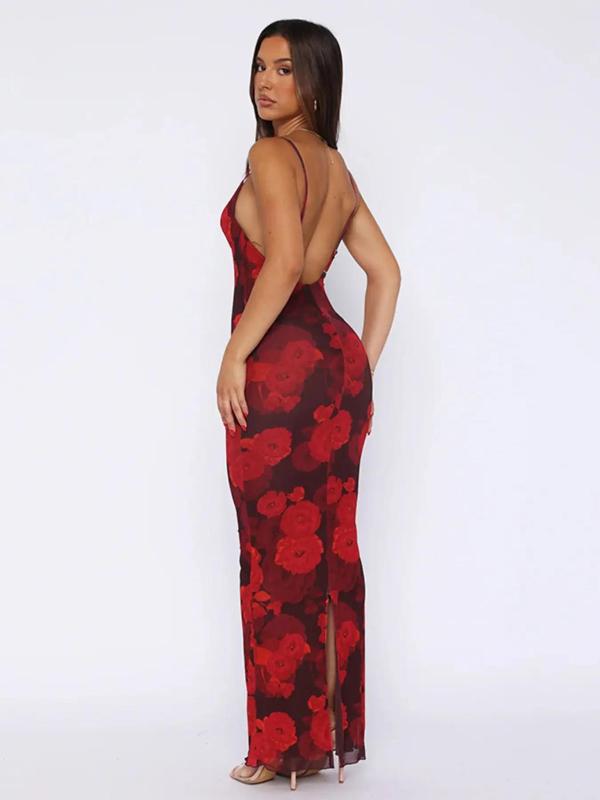 Women's Floral Print Backless Cami Dress, Elegant Adjustable Strap Sleeveless Long Dress for Party Holiday Wedding Guest, Ladies Summer Clothes