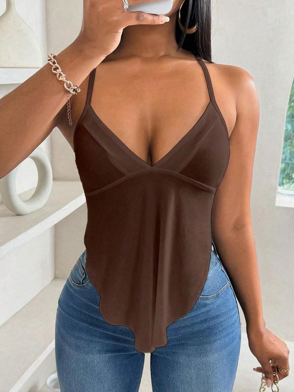 Women's Solid Backless Lace Up Halter Top, Casual Asymmetrical Hem Sleeveless Top for Summer, Fashion Women's Clothing for Daily Wear