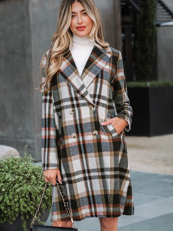 Plaid Neutral Faux Fur Double Breasted Coat- Upgrade Your Wardrobe - Trendy Women's Fashion Deals D-C