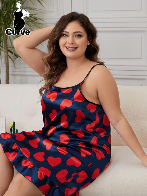 Plus Size Heart Print Ruffle Hem Cami Nightdress, Adjustable Strap Satin Slip Nightgown, Women's Sleepwear for All Seasons