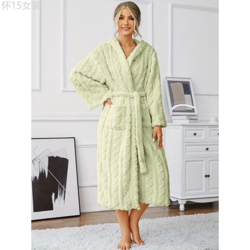 Casual Solid Fleece Jacquard Night Robe, Long Sleeve Hooded Robe With Belt, Women's Sleepwear & Dresses Fabric Polyester