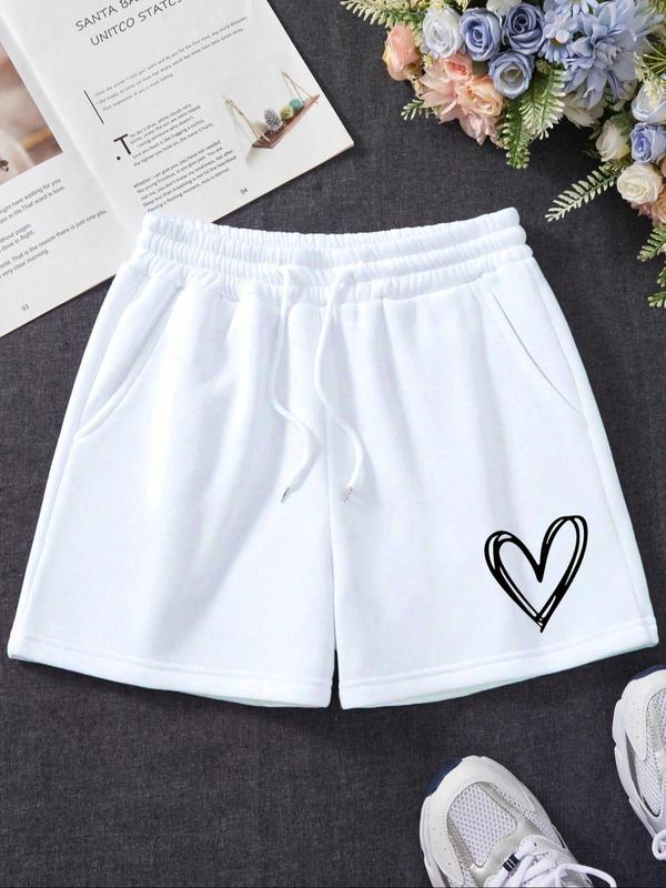 Womenswear Heart Print Drawstring Waist Comfort Shorts, Casual Elastic Waist Pocket Track Shorts for Daily Wear, Ladies Bottoms for All Seasons