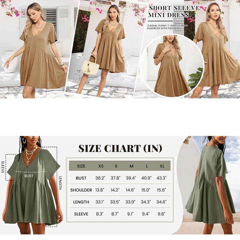 SCUSTY Womens Summer Mini Dress Casual Short Sleeve Loose V Neck Flowy Sundress Vacation Tshirt Sun Dress