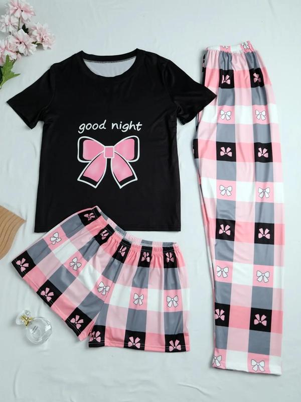 3 Piece Set Women's Heart Print Tee & Plaid Print Pants & Shorts Pajama Set, Pajama Sets Women, PJ Sets for Women, Comfort Short Sleeve T-shirt & Elastic Waist Shorts & Trousers Lounge Set, Summer Wear 2024, Summer Clothes Women 2 Piece Set