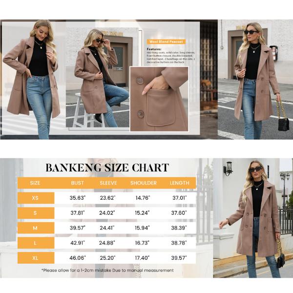 SCUSTY Women Winter Wool Blend Camel Mid-Long Coat Notch Double-Breasted Lapel Jacket Outwear