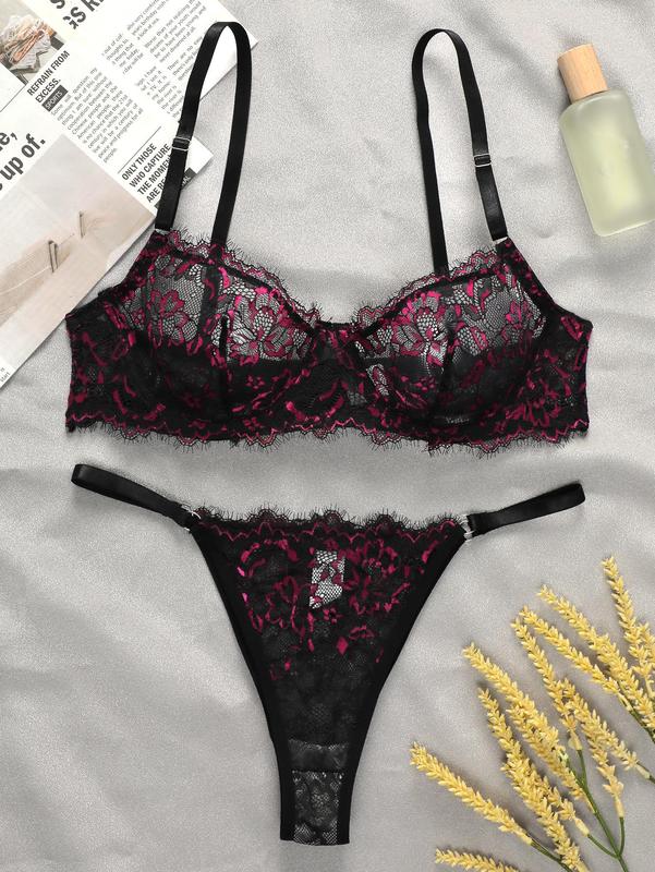 Women's Breathable Floral Lace Sexy Lingeries Set, Adjustable Strap Underwire Push Up Lingerie & Thong Set, Lady Lingerie & Underwear Set, Womenswear