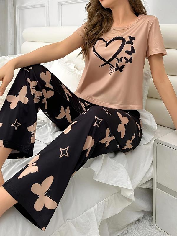 Two-Piece Set Women's Butterfly & Heart Print Tee & Elastic Waist Pants Pyjama, Casual Comfy Round Neck Short Sleeve T-shirt & Trousers PJ Set, Ladies Sleepwear for All Seasons