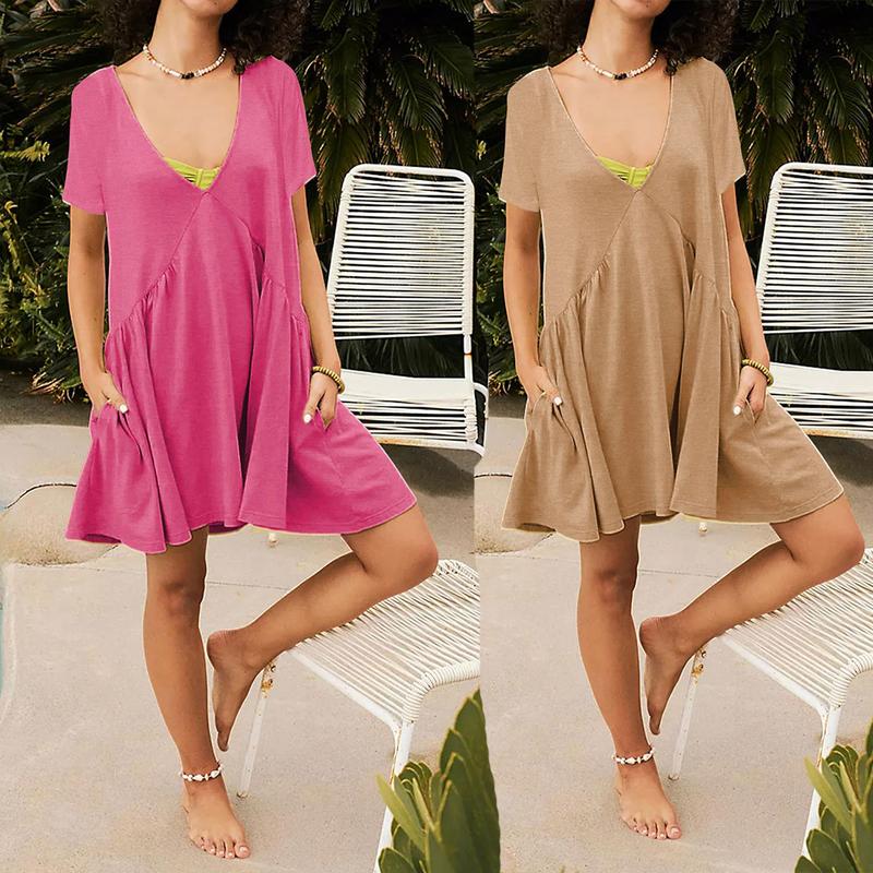 SCUSTY Womens Summer Mini Dress Casual Short Sleeve Loose V Neck Flowy Sundress Vacation Tshirt Sun Dress