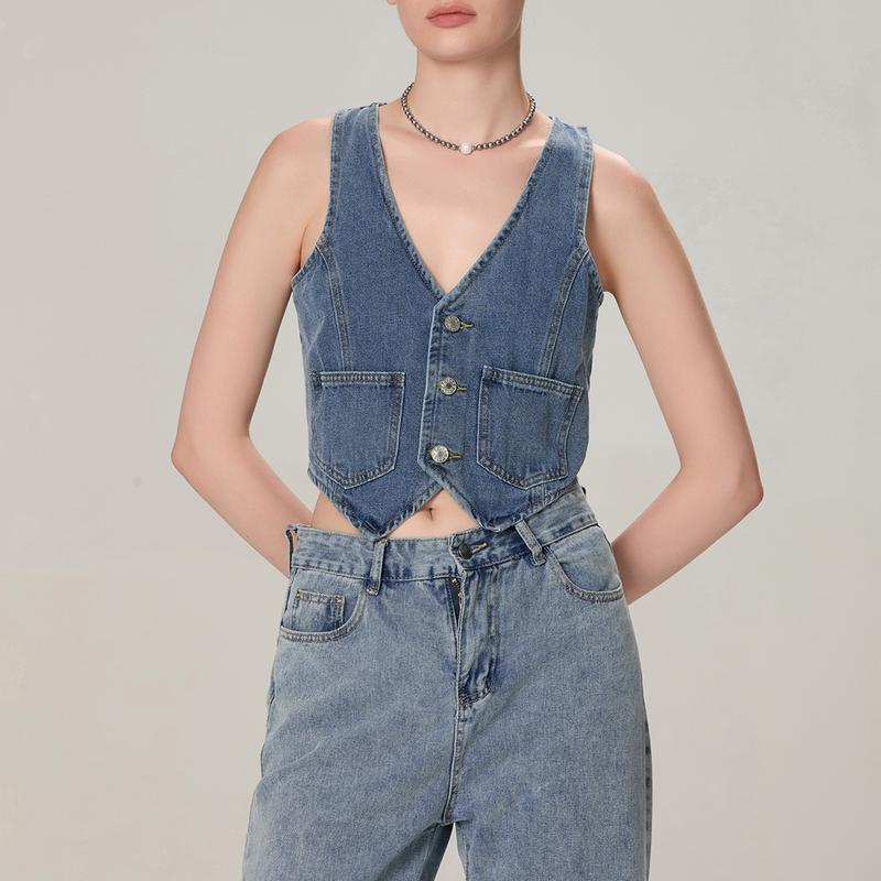 Women's Denim Vest Sleeveless V-Neck Button Vest with Pockets Denim T-Shirt Suitable for Casual Street Wear Womenswear Check