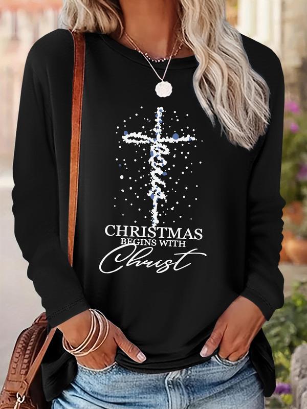 Women's Christmas Cross & Letter Print Drop Shoulder T-shirt, Casual Long Sleeve Round Neck Pullover for Daily Wear, Ladies Fall & Winter Clothes