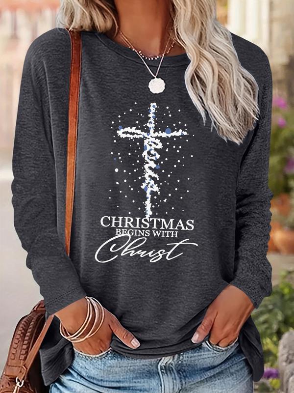 Women's Christmas Cross & Letter Print Drop Shoulder T-shirt, Casual Long Sleeve Round Neck Pullover for Daily Wear, Ladies Fall & Winter Clothes