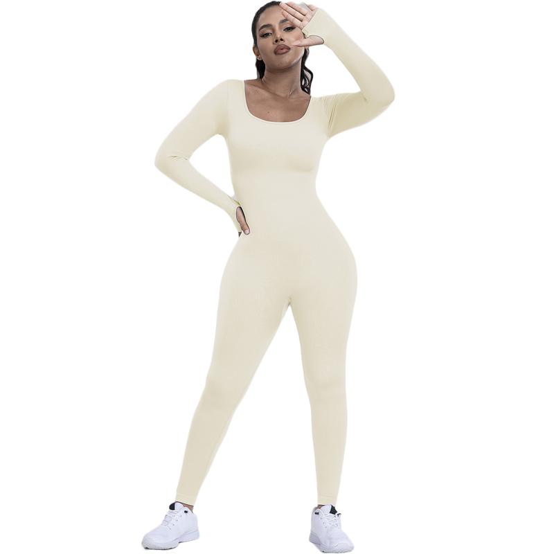 Kabuer Flattering Ribbed One-Piece Jumpsuit - High Waisted, Long Sleeved, Casual Fitness Bodysuit for Women Womenswear Comfort Crew Neck Knit winter sport clothes