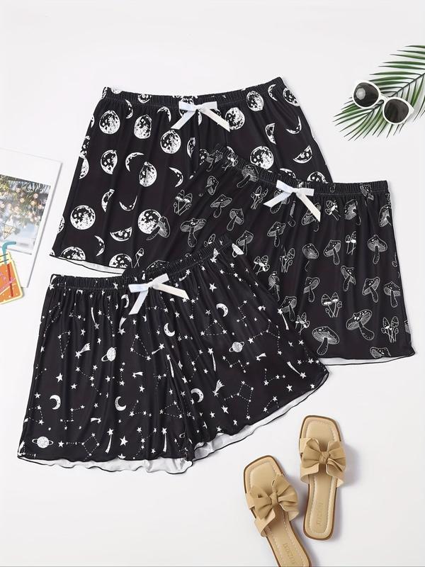  All Over Cartoon Print Bow Decor Pajama Shorts, Casual Comfy Elastic Waist Pajama Shorts, Women's Sleepwear for All Seasons