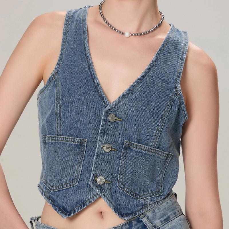 Women's Denim Vest Sleeveless V-Neck Button Vest with Pockets Denim T-Shirt Suitable for Casual Street Wear Womenswear Check