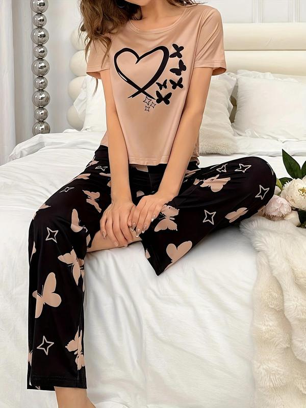 Two-Piece Set Women's Butterfly & Heart Print Tee & Elastic Waist Pants Pyjama, Casual Comfy Round Neck Short Sleeve T-shirt & Trousers PJ Set, Ladies Sleepwear for All Seasons