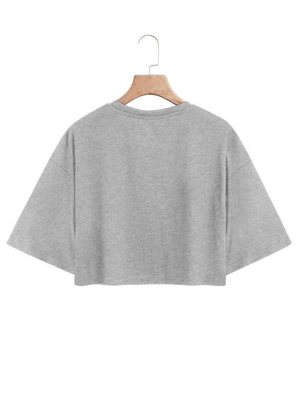 Women's Plain  Branch Print Drop Shoulder  Crop Tee, Casual Half Sleeve Round Neck T-shirt for Summer, Ladies Clothes for Daily Wear