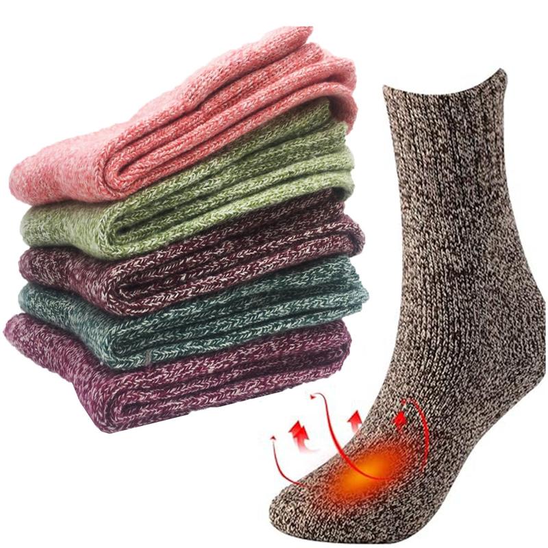 5 Pack Women's Assorted Solid & Patterned Warm Wool Knit Crew Socks Winter Cotton