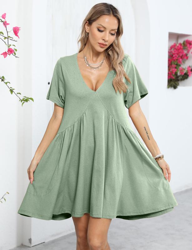 SCUSTY Womens Summer Mini Dress Casual Short Sleeve Loose V Neck Flowy Sundress Vacation Tshirt Sun Dress