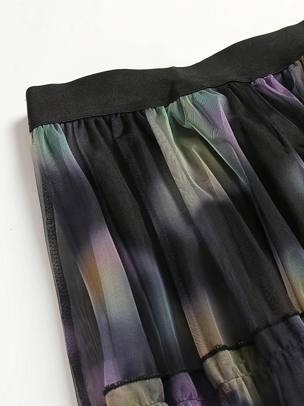 Women's All Over Print Contrast Mesh Frill Trim A Line Skirt, Elegant High Waist Long Skirt for Vacation Holiday Daily, Ladies Bottoms for All Seasons