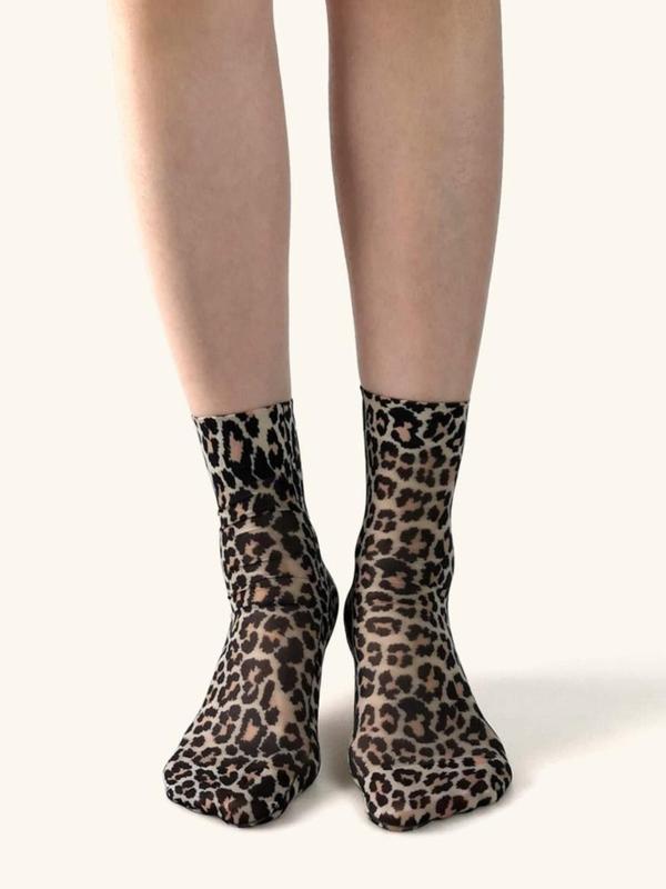 Women's Leopard Print Sheer Crew Socks, Casual Soft Comfy Breathable Mid-calf Socks  for Fall & Winter, Women's Socks for Daily Wear