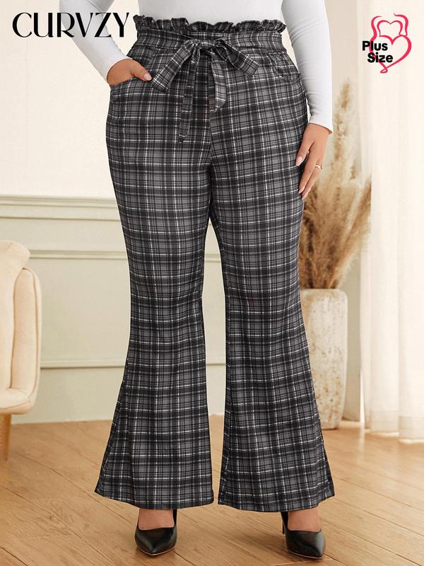 CURVZY Plus Size Plaid Print Belted Flare Leg Pants, Casual Pocket Bell Bottom Trousers for Daily Wear, Women's Bottoms for All Seasons