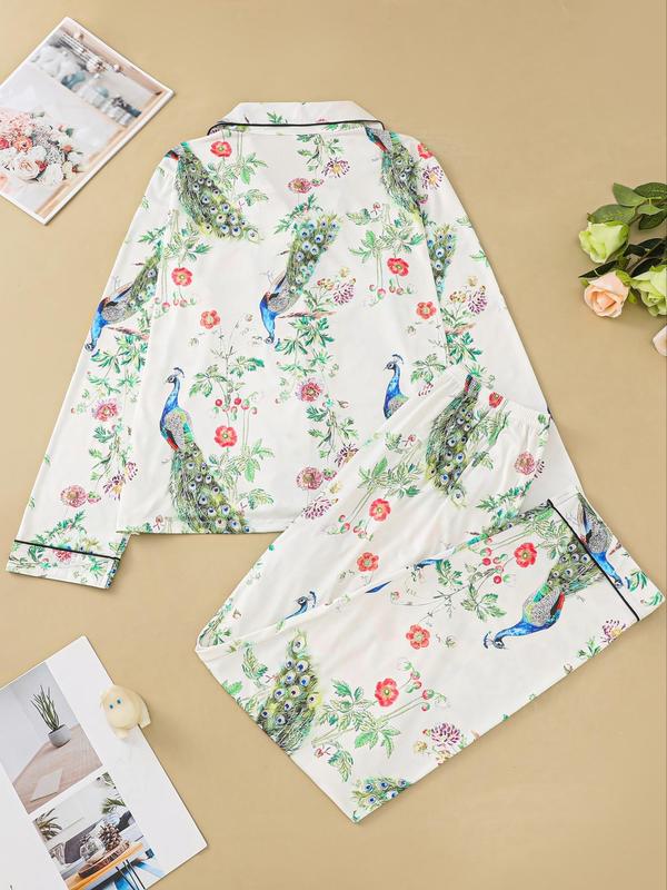 Womenswear All Over Flamingo Print Button Front Blouse & Pants Pyjama Two-piece Set, Homewear Comfy Lapel Collar Long Sleeve Top & Elastic Waist Trousers Pj Set, Pajama Sets Women, Women's Sleepwear for Spring & Fall, Fall Wear, Fallfreshness