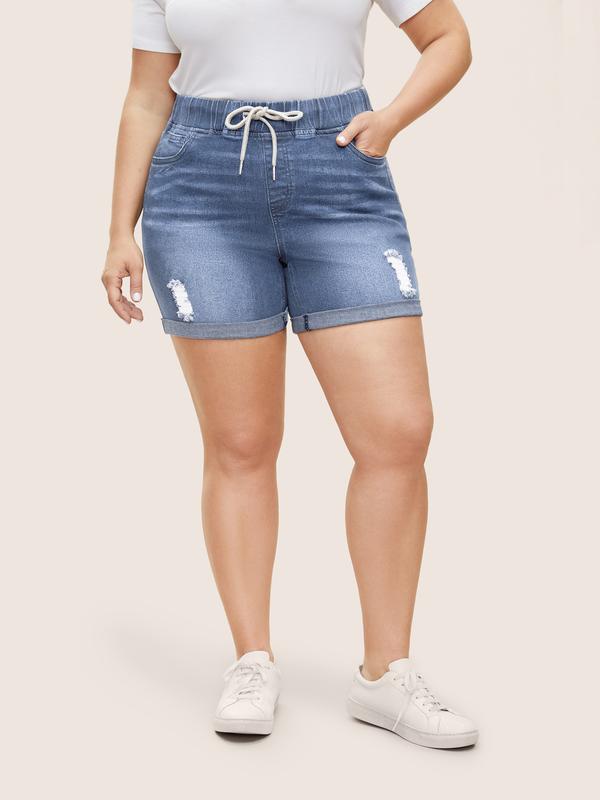 BloomChic Distressed Drawstring Roll Hem Denim Shorts