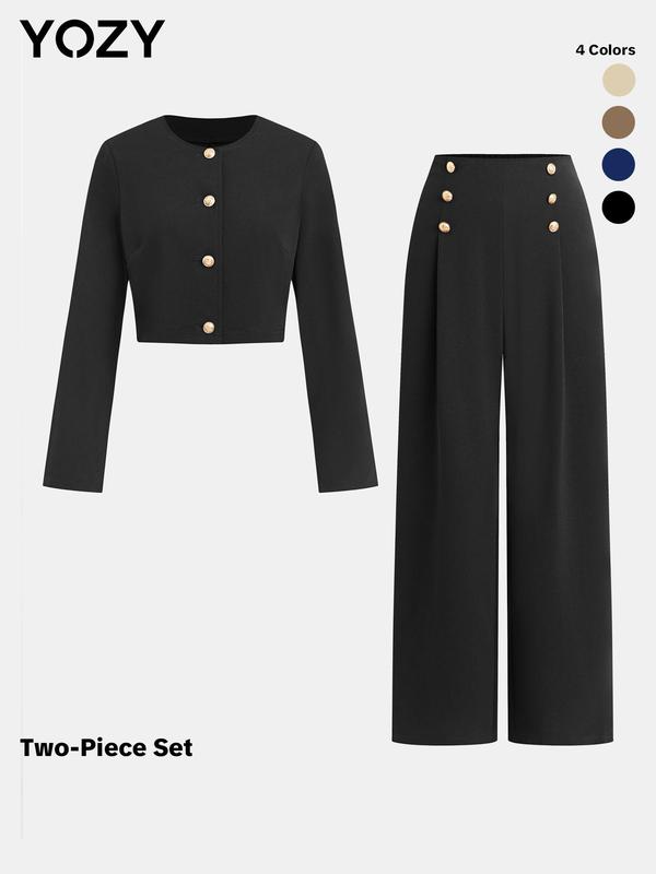 YOZY Christmas Deals, Women's Button Front Crop Top & Plicated Wide Leg Pants, Elegant Long Sleeve Top & Double Button Trousers for Work Office, Ladies Clothes for All Seasons, Christmas 2024 Trend, Fall & Winter Outfits