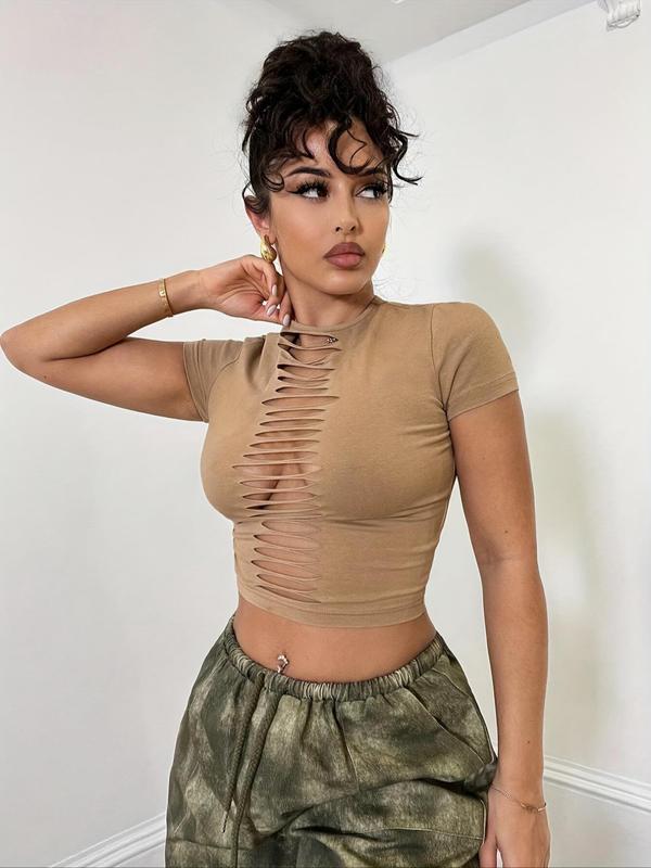 Women's Solid Ripped Round Neck Crop Tee, Streetwear 2000s Y2K Tight-fitting Short Sleeve T-shirt, Casual Summer Top for Daily Wear Downtown Girl Clothes