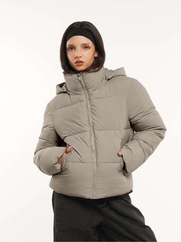 Women's Solid Zip Up Pocket Hooded Warm Puffer Jacket, Casual Windproof Waterproof Long Sleeve Outerwear Coat for Fall & Winter Daily Wear