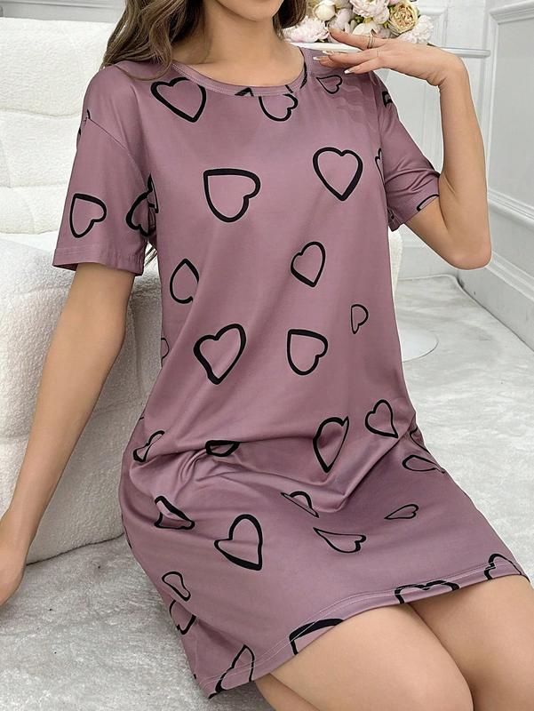 Heart Print Short Sleeve Pajama Night Dress With Round Neckline long sleeve Women's V-Neck sleep dress Comfort Comfortable