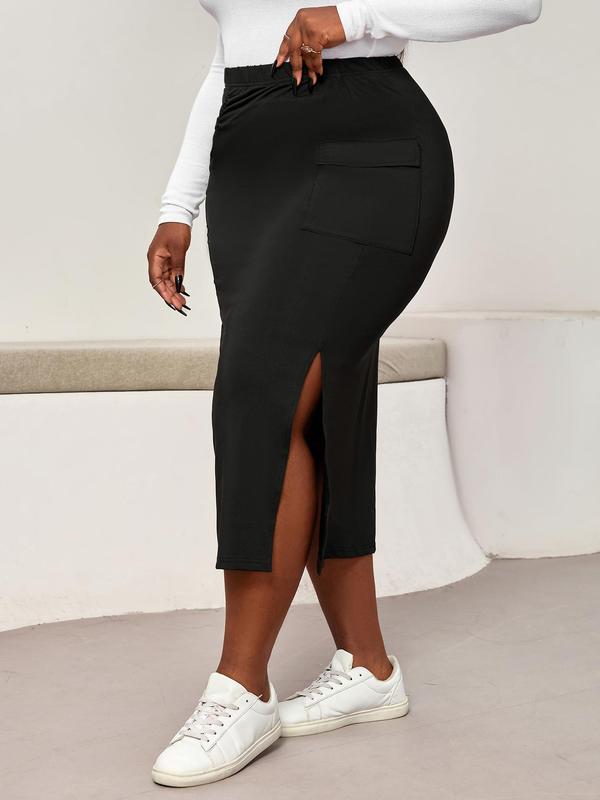 CURVZY  Solid Pocket Split Thigh Pencil Skirt, Casual Elastic Waist Midi Skirt for Daily Wear, Women's Bottoms for All Seasons