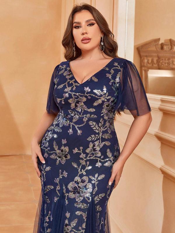 Plus Size Floral Print Backless Contrast Mesh Glitter Sequin Mermaid Vintage Evening Dress, Elegant Formal Dresses, Elegant V Neck Butterfly Sleeve Evening Party Gown, Women's Clothes for All Seasons