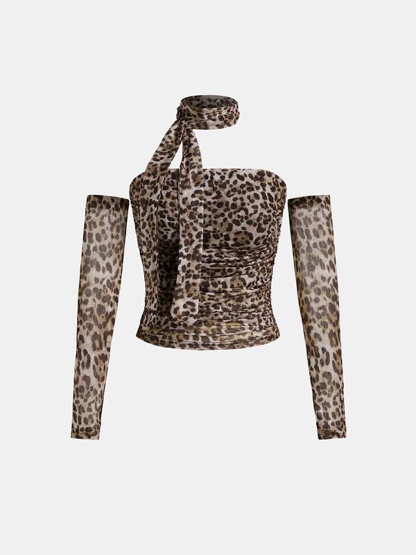 YOZY Women's Leopard Print Ruched Crop Tube Top with Knot Neck Strap & Oversleeve, Fashion Casual Sleeveless Strapless Top for Daily Outdoor Wear, Ladies Clothes for All Seasons