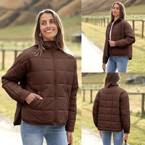 SCUSTY Women's Quilted Puffer Jacket Long Sleeve Zip Up Oversized Lightweight Padded Down Coat Outerwear