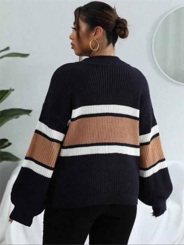  Colorblock Striped Print Zip Up Mock Neck Sweater, Fall Sweaters for Women, Casual Drop Shoulder Long Sleeve Jumper for Fall & Winter, Sweaters for Women, Women's Plus Clothing for Daily Wear